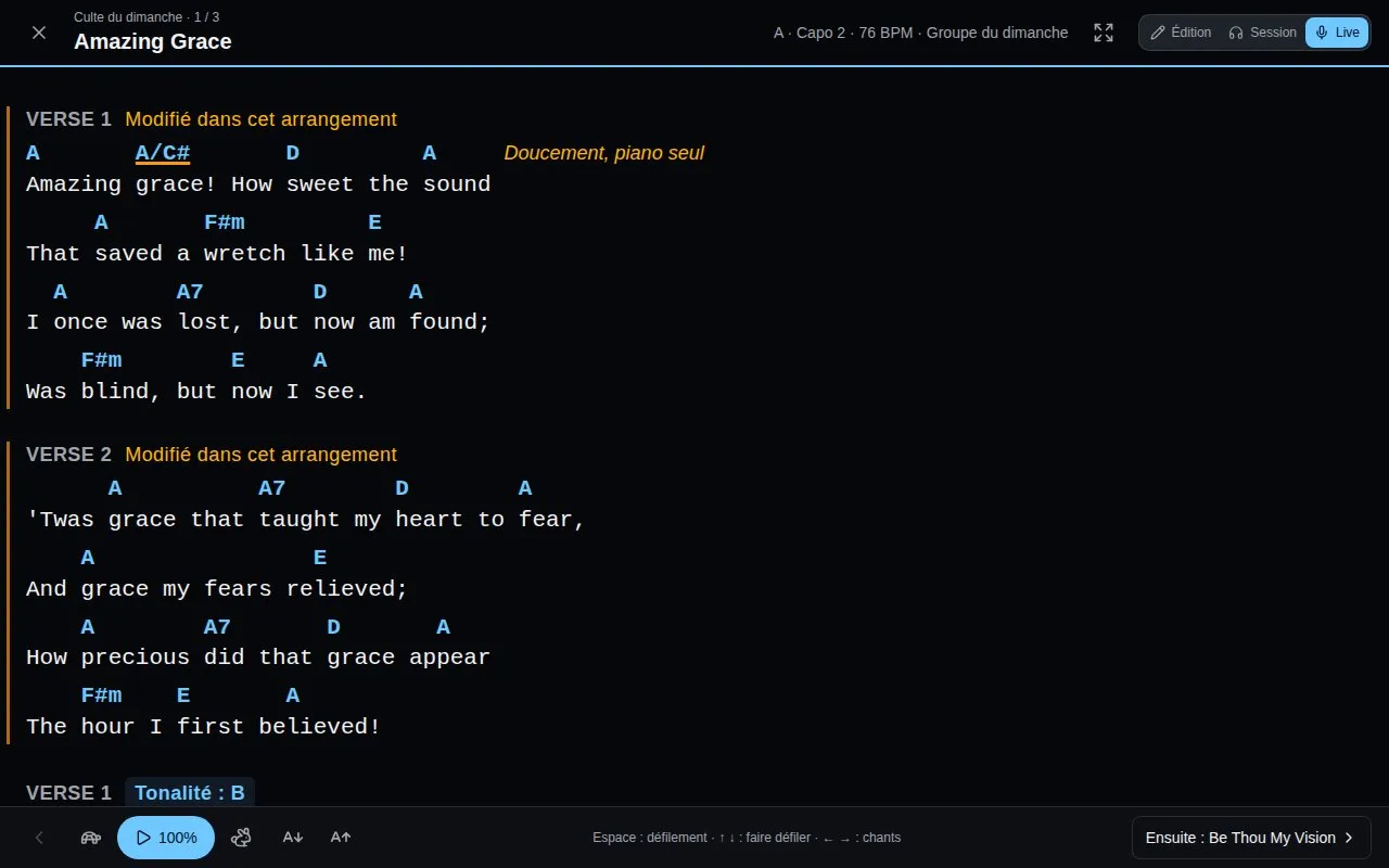 Un chant d’une liste en mode Live